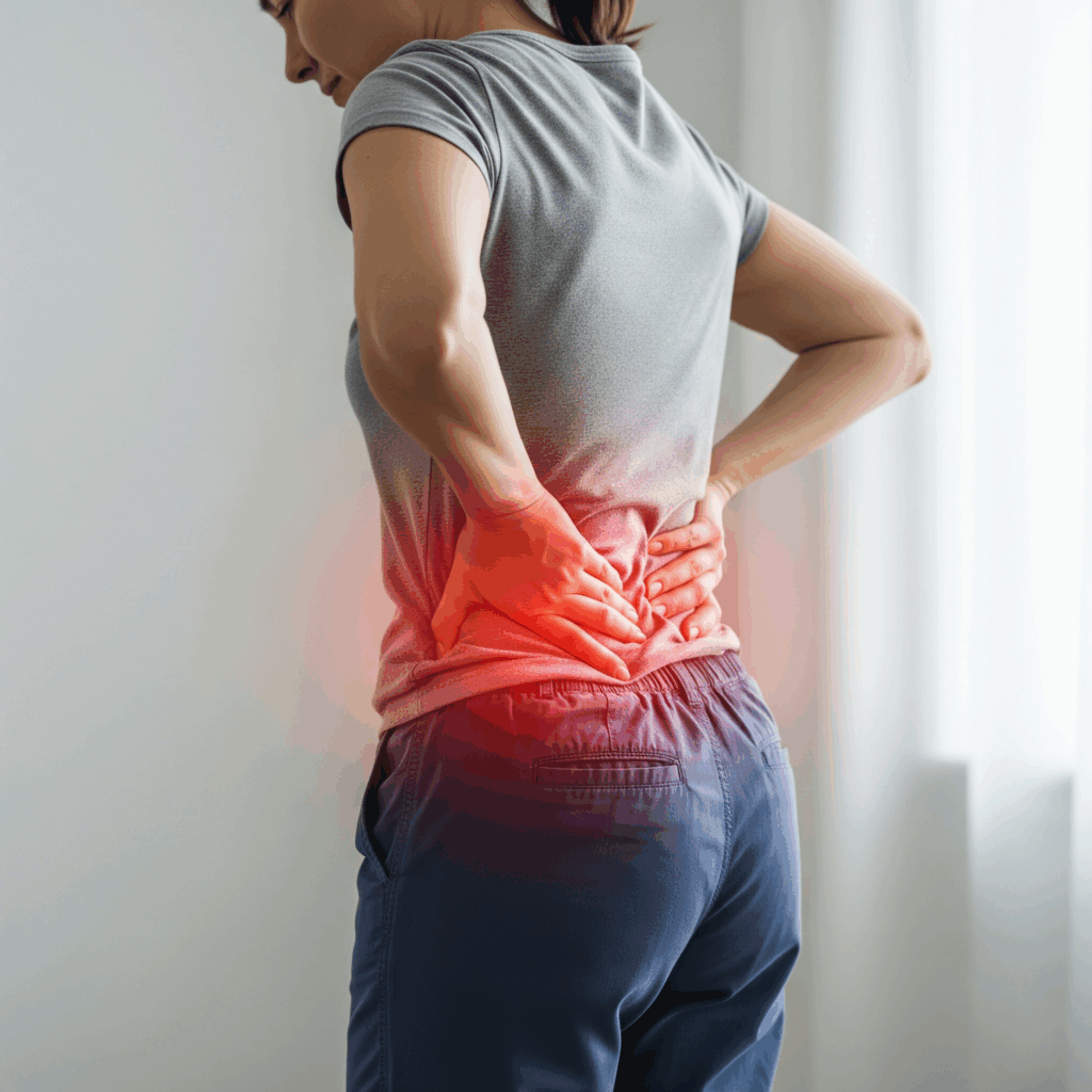 A woman seen from behind, clutching her lower back. A glowing red area on her lower back signifies pain. She is standing in a room with neutral-colored walls.