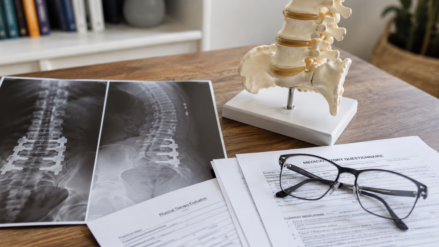 Spinal X-rays on a desk beside a lumbar spine model, reading glasses, and a medical history questionnaire