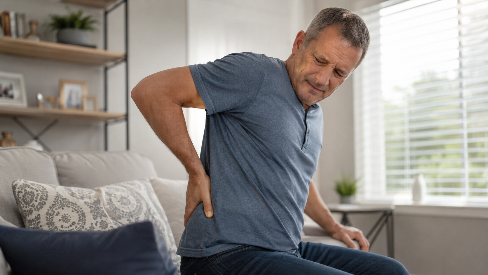 Middle-aged man sitting on a couch holding his lower back in discomfort