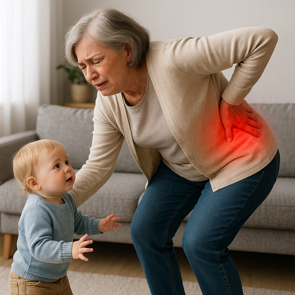 Elderly woman with gray hair clutching her lower back in pain while reaching toward a toddler, both with their faces turned away from the camera.