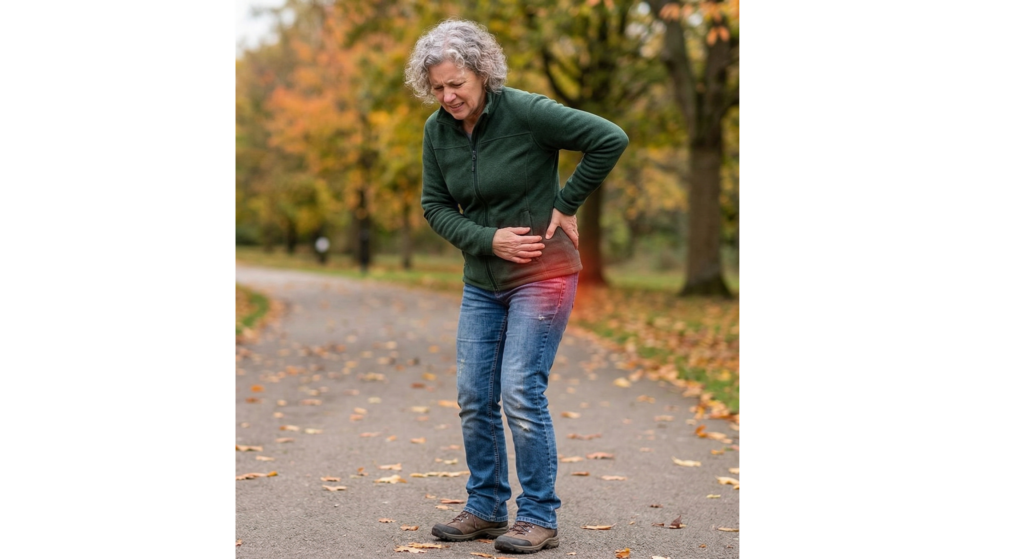 A full-body photograph of a senior woman with curly grey hair standing on an asphalt park path lined with autumn trees and fallen leaves. She is grimacing in pain, bent slightly over, with one hand on her abdomen and the other on her lower back/hip area, which has a glowing red indicator to signify localized pain. She is wearing a green fleece jacket, blue jeans, and hiking boots.