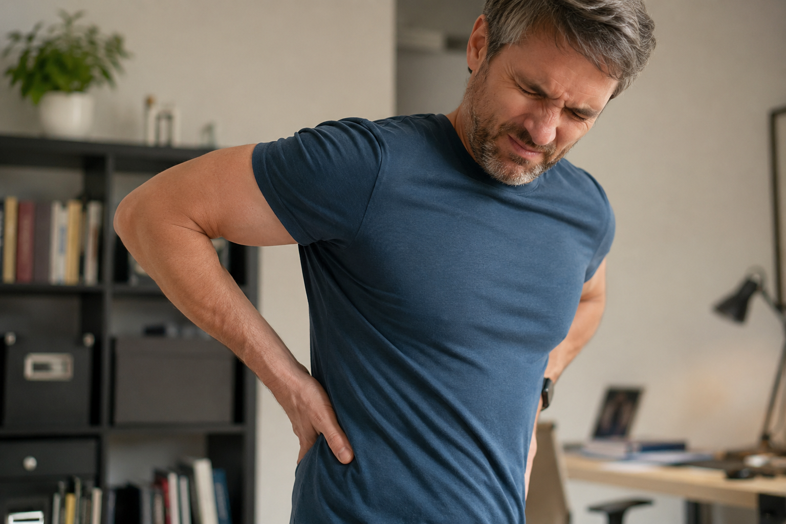 Man holding his lower back, a warning sign of back pain that should not be ignored