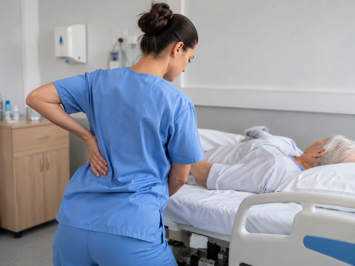 Nurse with back pain repositioning an elderly patient in a hospital bed