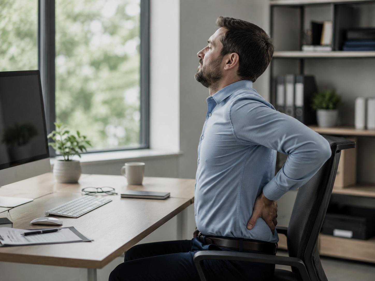 Office worker with lower back pain sitting at a desk